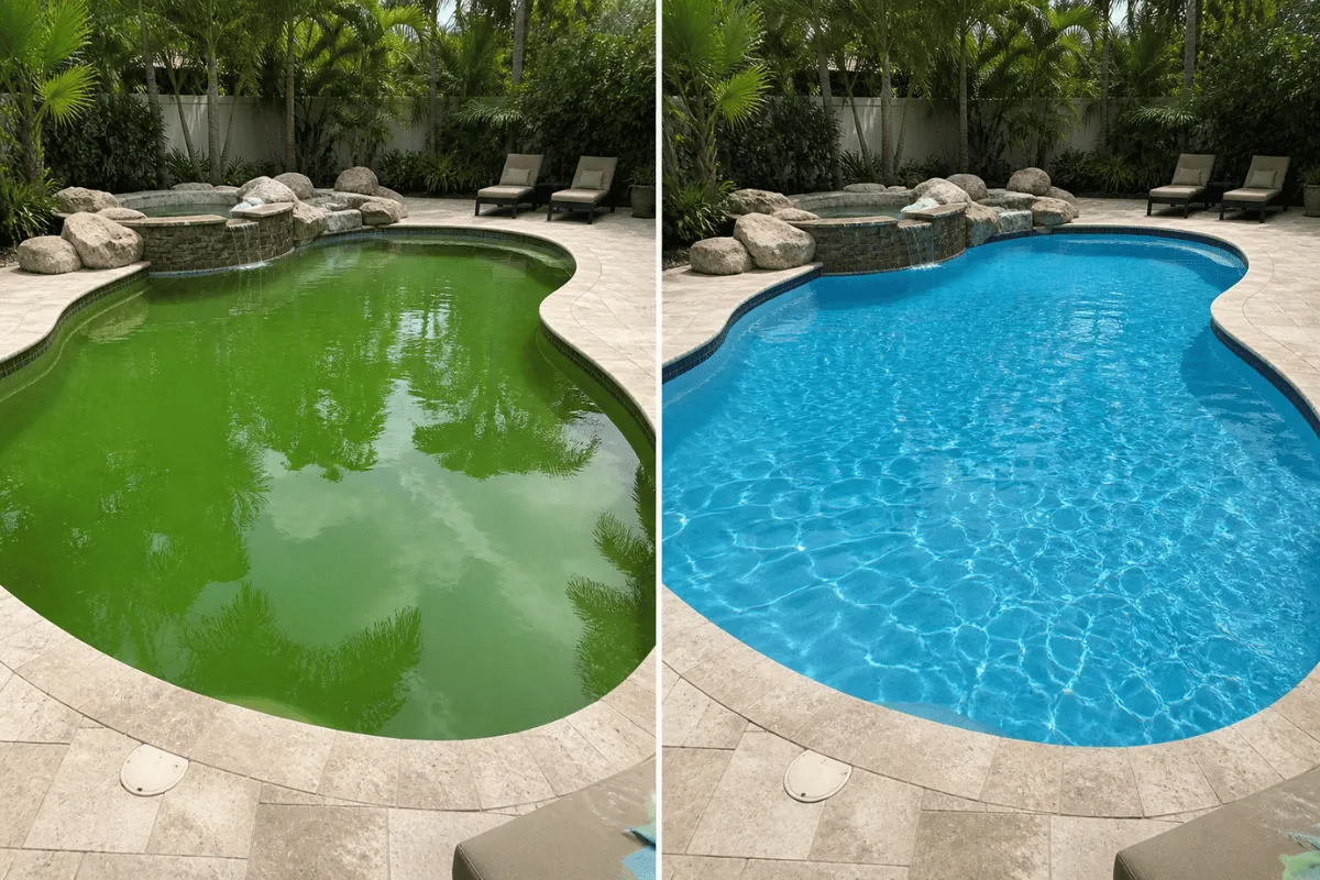Before and after green pool cleanup in Rancho Cucamonga